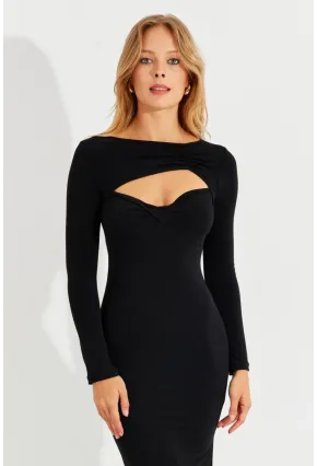 Kadın Siyah Önü Açık Yırtmaçlı Midi Elbise B225