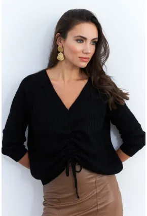 Kadın Siyah Önü Arka V Önü Büzgülü Kazak KAZ29