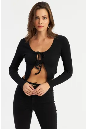 Kadın Siyah Önü Bağlamalı Kaşkorse Crop Bluz AYD381