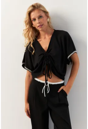 Kadın Siyah Önü Büzgülü Bluz XL2039
