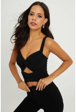 Kadın Siyah Önü Büzgülü Crop Bluz B189