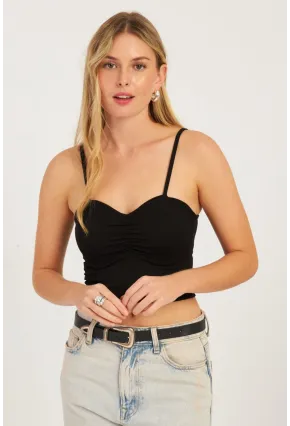 Kadın Siyah Önü Büzgülü Crop Bluz CG339