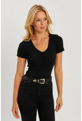 Kadın Siyah Önü Büzgülü V Yaka Bluz AYD309