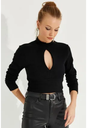 Kadın Siyah Önü Damla Crop Bluz LPP1243
