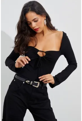 Kadın Siyah Önü Damla Kare Yaka Bluz B1925