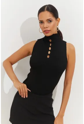 Kadın Siyah Önü Damla Kolsuz Triko Bluz YV112