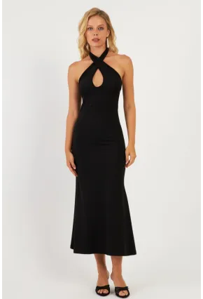 Kadın Siyah Önü Damla Midi Elbise EY2847