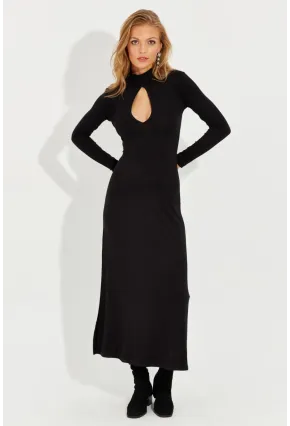 Kadın Siyah Önü Damla Yırtmaçlı Midi Elbise EY2575