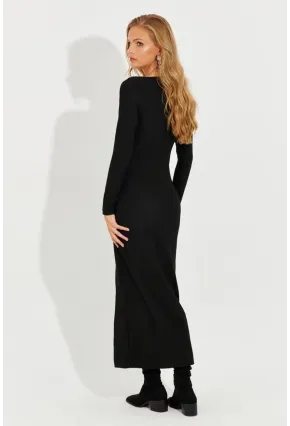 Kadın Siyah Önü Damla Yırtmaçlı Midi Elbise RMZ1002