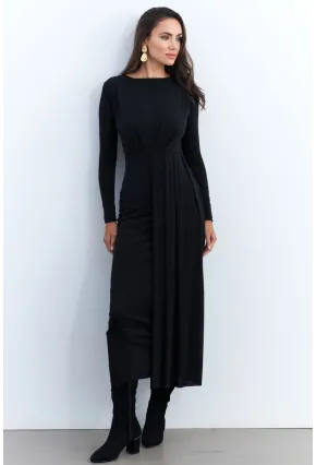 Kadın Siyah Önü Drapeli Maxi Elbise SHR5