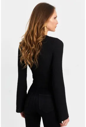 Kadın Siyah Önü Düğümlü İspanyol Kol Bluz SB353