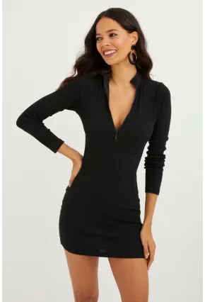 Kadın Siyah Önü Fermuarlı Kaşkorse Mini Elbise CG212