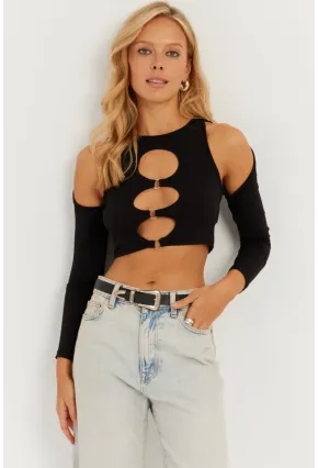 Kadın Siyah Önü Halkalı Crop Bluz MEN2038