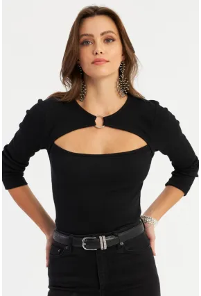 Kadın Siyah Önü Halkalı Pencereli Kaşkorse Bluz AYD382