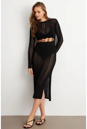 Kadın Siyah Önü Pencereli Ajurlu Plaj Elbisesi Kz545