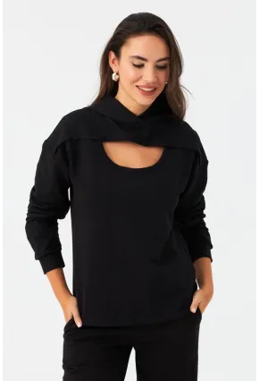 Kadın Siyah Önü Pencereli Kapüşonlu Sweatshirt TF38