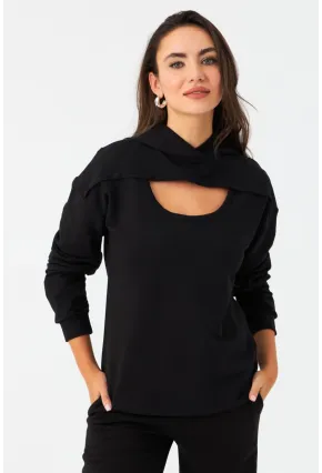 Kadın Siyah Önü Pencereli Kapüşonlu Sweatshirt TF38