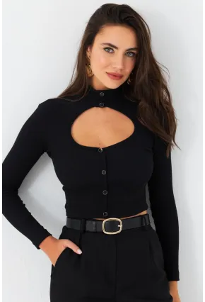 Kadın Siyah Önü Pencereli Kaşkorse Bluz EY2973