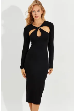 Kadın Siyah Önü Pencereli Midi Elbise B226