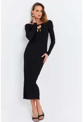 Kadın Siyah Önü Pencereli Midi  Elbise ZH09