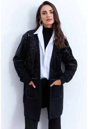 Kadın Siyah Payetli Cepli Zımbalı Hırka MPK810