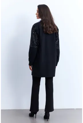 Kadın Siyah Payetli Cepli Zımbalı Hırka MPK810