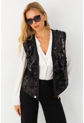 Kadın Siyah Payetli Yelek QS5938