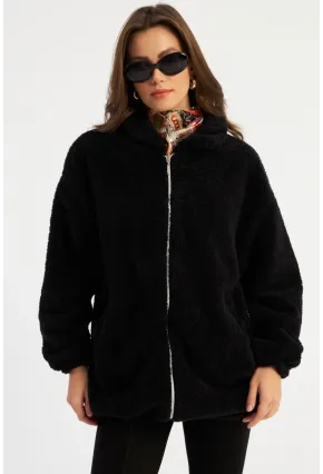 Kadın Siyah Peluş Mont MLYT58