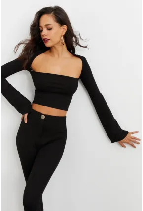 Kadın Siyah Pencereli Crop Bluz B1905