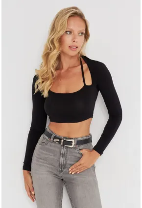 Kadın Siyah Pencereli Crop Bluz B2946