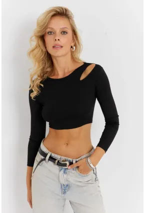 Kadın Siyah Pencereli Crop Bluz CG363