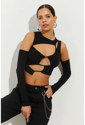 Kadın Siyah Pencereli Kaşkorse Crop Bluz B2403