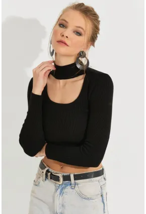 Kadın Siyah Pencereli Triko Crop Bluz EA230012