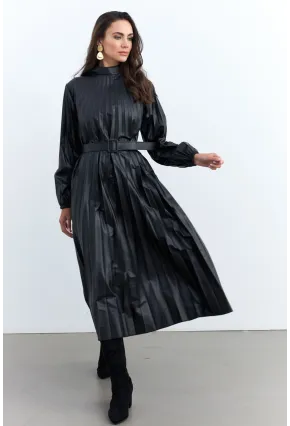 Kadın Siyah Pileli Kemerli Maxi Elbise MALZ99