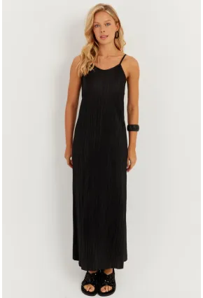 Kadın Siyah Piliseli Askılı Midi Elbise DMR296