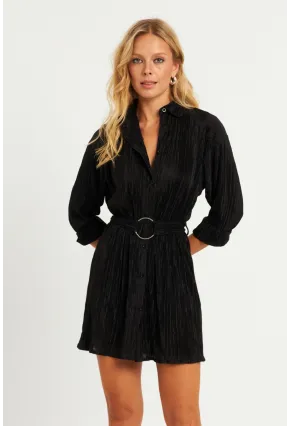 Kadın Siyah Piliseli Kemerli Mini Elbise TW70124-90
