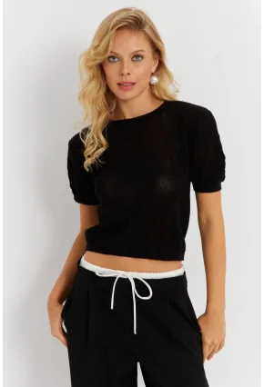 Kadın Siyah Pointelle Triko Bluz KZ3197