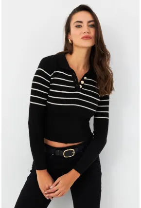 Kadın Siyah Polo Yaka Çizgili Triko Bluz MK65