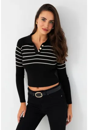 Kadın Siyah Polo Yaka Çizgili Triko Bluz MK65