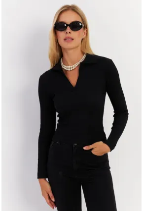 Kadın Siyah Polo Yaka Kaşkorse Bluz LON3006