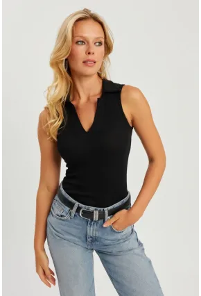 Kadın Siyah Polo Yaka Kaşkorse Bluz MK10