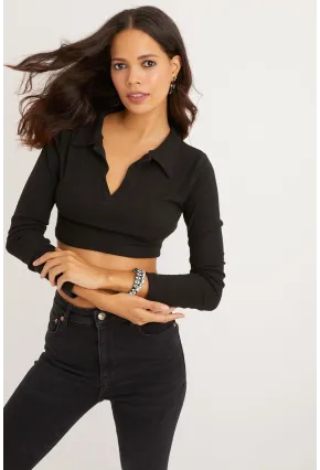 Kadın Siyah Polo Yaka Kaşkorse Crop Bluz Yİ2347