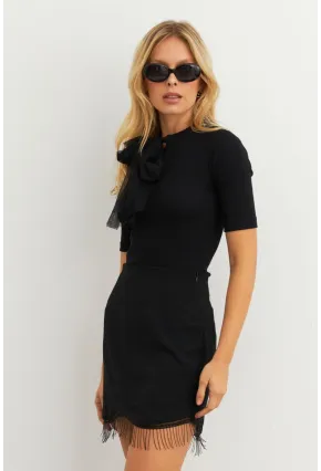 Kadın Siyah Püskül Detaylı Mini Etek KED24013