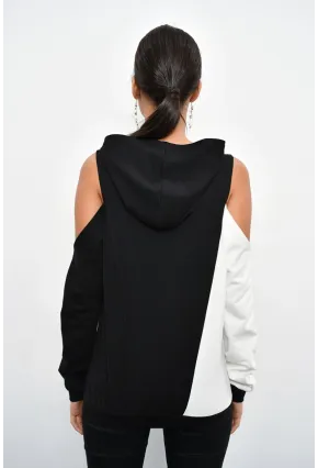 Kadın Siyah Renk Bloklu Omuzları Açık Sweatshirt B23