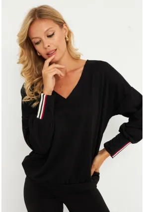 Kadın Siyah Şerit Detaylı V Yaka Sweatshirt  EY2905