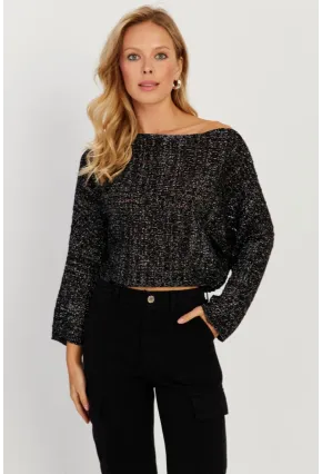 Kadın Siyah Simli Ajurlu Triko Bluz YZ403