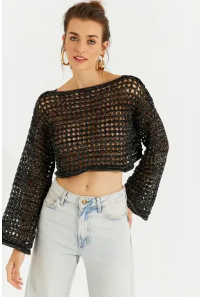 Kadın Siyah Simli Ajurlu Triko Kısa Bluz YV141