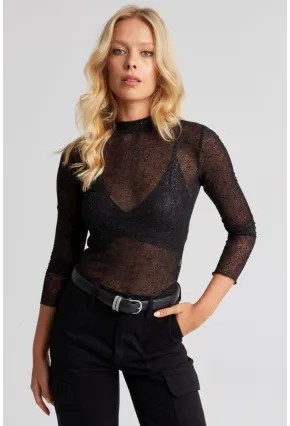 Kadın Siyah Simli Transparan Tül Bluz LPP5028