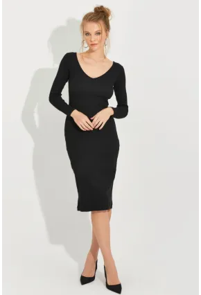 Kadın Siyah Sırt Bağlamalı Kaşkorse Midi Elbise EY2592