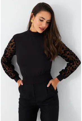 Kadın Siyah Sırt Bağlamalı Kolları Tül Bluz TF41
